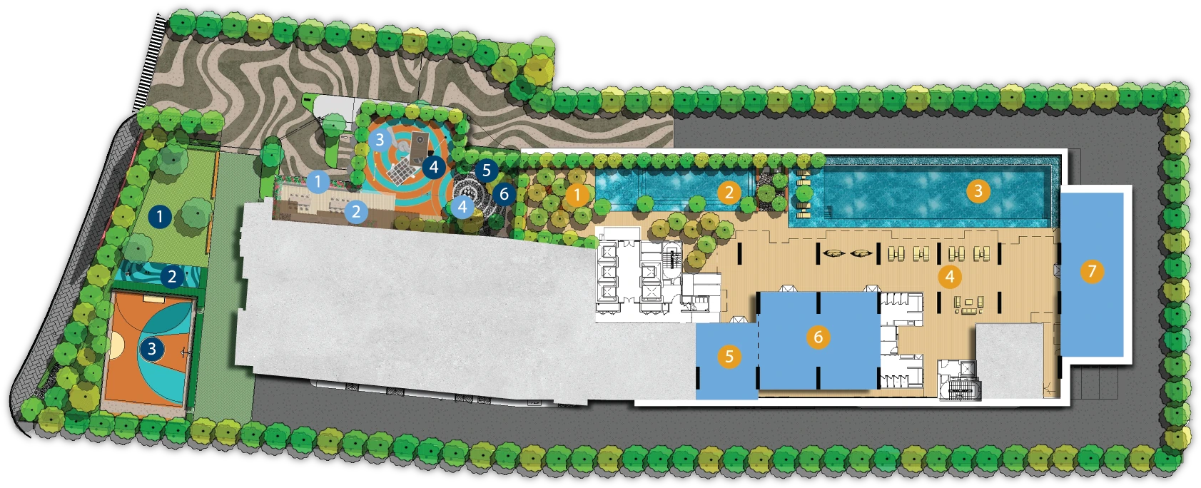 D'Evia Residence labelled facilities plan with outdoor landscape and sky pool amenities